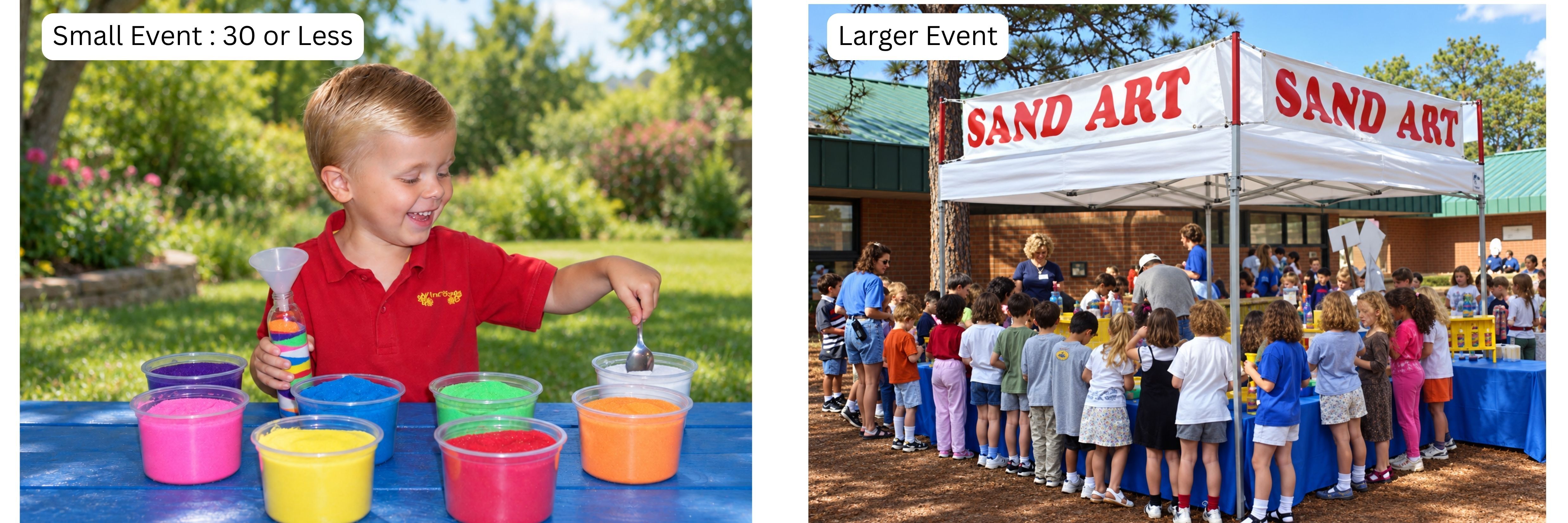 Multiple colored sand stations for 250 to 500 participants