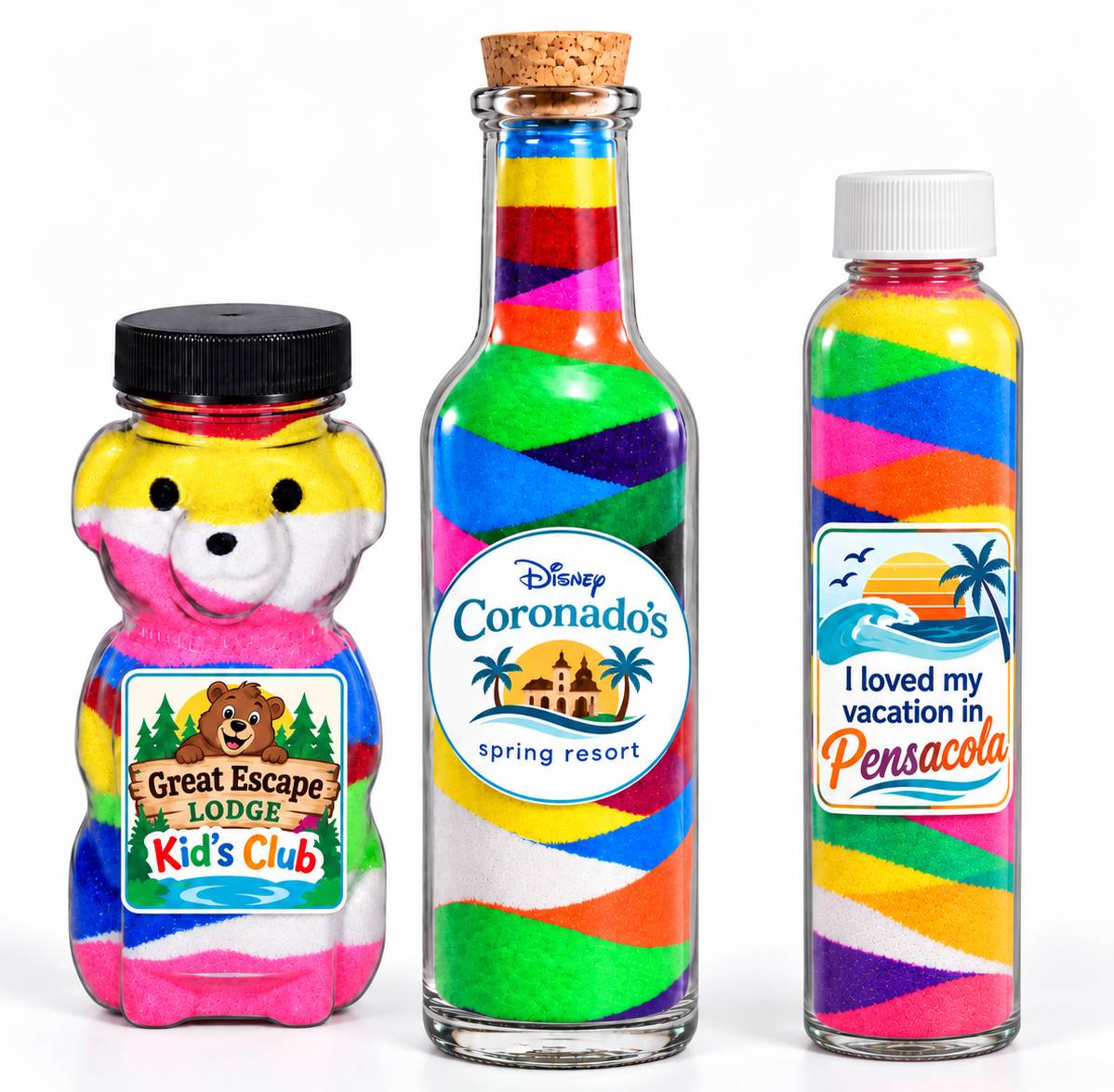 Personalized sand art souvenir bottles for resort guests