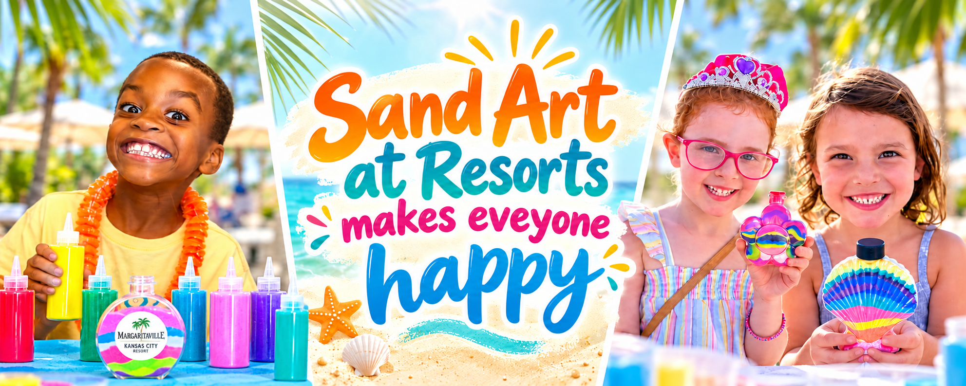 Children making sand art bottles during a resort activity